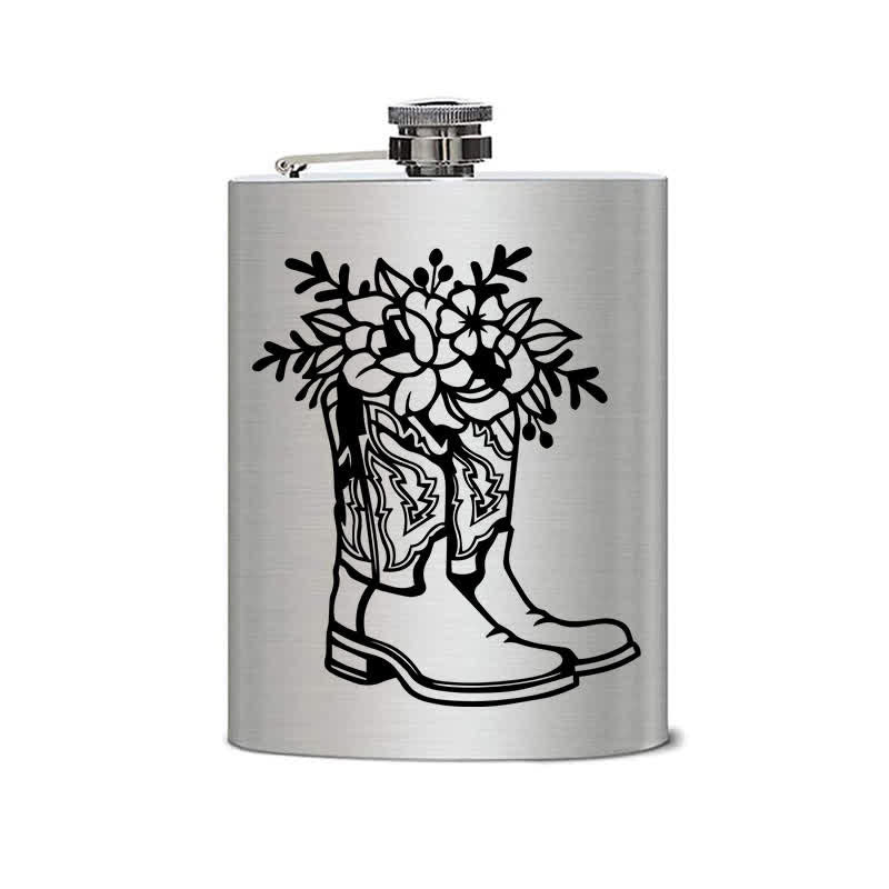 Botella portátil de acero inoxidable con estampado láser de flores y botas de 2 a 10 oz
