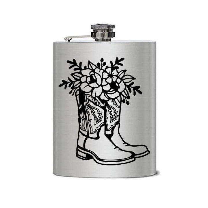 Botella portátil de acero inoxidable con estampado láser de flores y botas de 2 a 10 oz