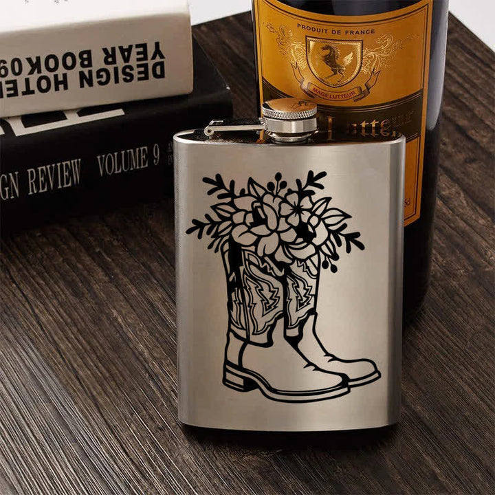 Botella portátil de acero inoxidable con estampado láser de flores y botas de 2 a 10 oz