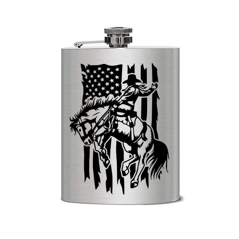 Botella portátil de acero inoxidable con diseño de láser y bandera de EE. UU. para montar a caballo, de 2 a 10 oz