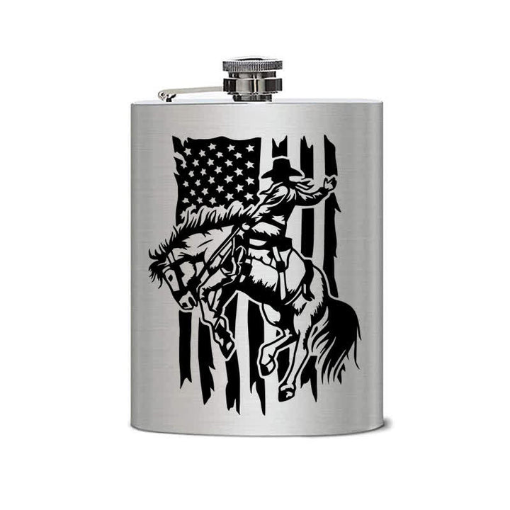 Botella portátil de acero inoxidable con diseño de láser y bandera de EE. UU. para montar a caballo, de 2 a 10 oz