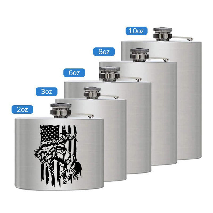 Botella portátil de acero inoxidable con diseño de láser y bandera de EE. UU. para montar a caballo, de 2 a 10 oz
