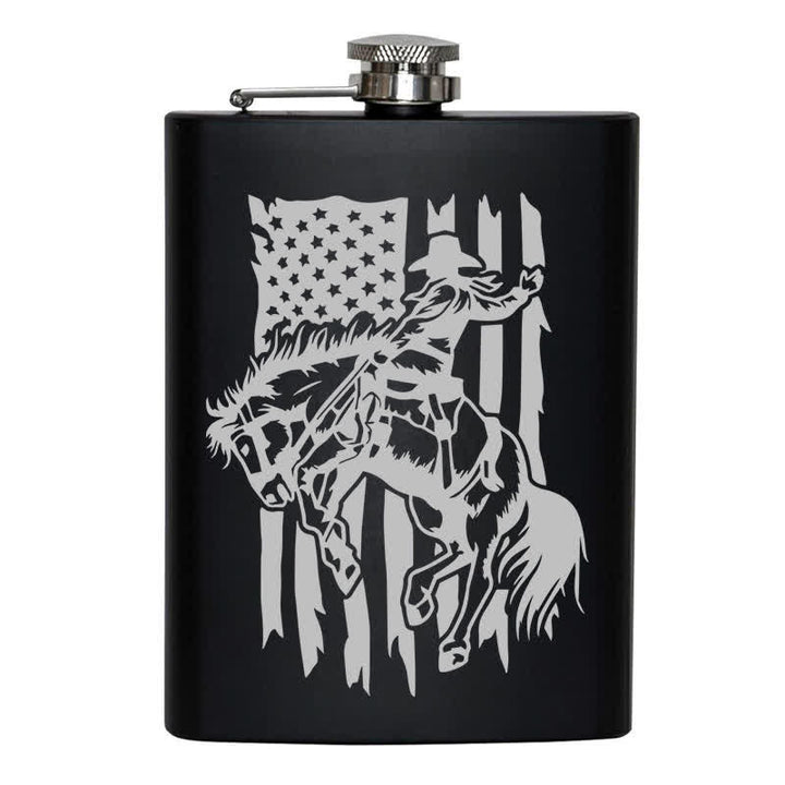 Botella portátil de acero inoxidable con diseño de láser y bandera de EE. UU. para montar a caballo, de 2 a 10 oz