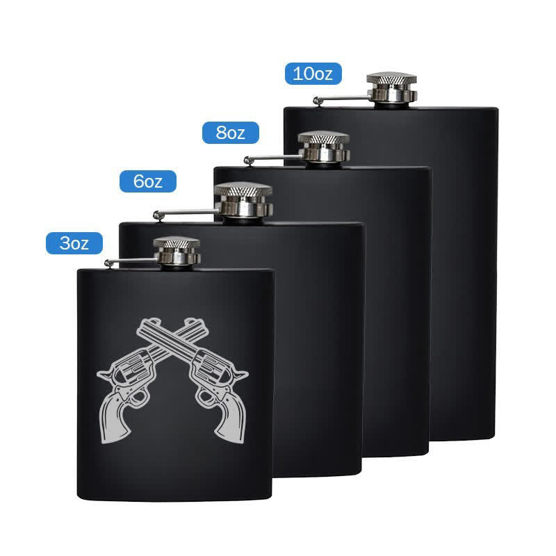 Botella portátil de acero inoxidable con diseño de láser y pistolas cruzadas de 2 a 10 oz