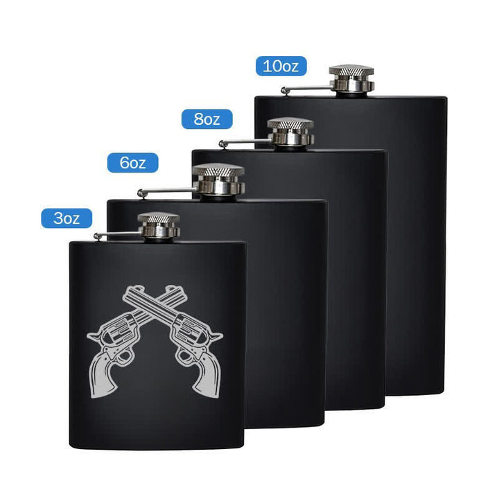 Botella portátil de acero inoxidable con diseño de láser y pistolas cruzadas de 2 a 10 oz