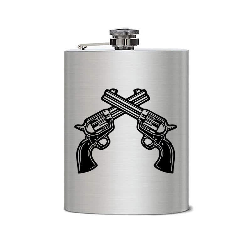 Botella portátil de acero inoxidable con diseño de láser y pistolas cruzadas de 2 a 10 oz