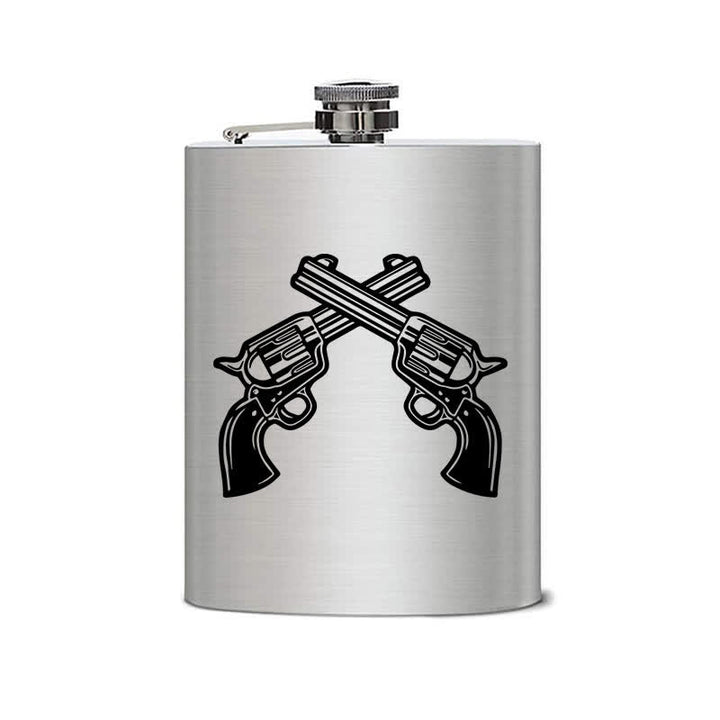 Botella portátil de acero inoxidable con diseño de láser y pistolas cruzadas de 2 a 10 oz