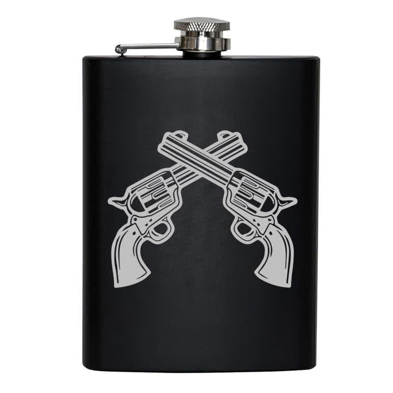 Botella portátil de acero inoxidable con diseño de láser y pistolas cruzadas de 2 a 10 oz