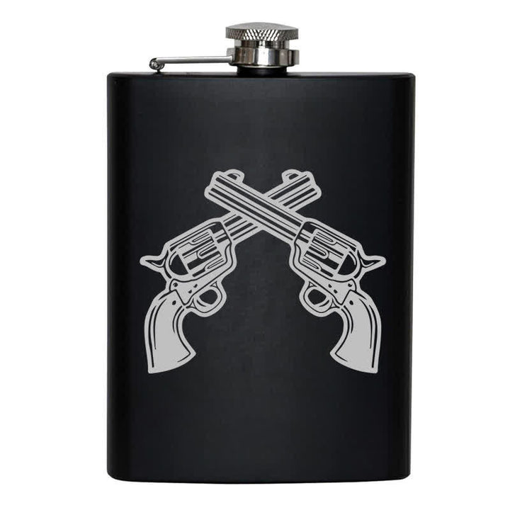 Botella portátil de acero inoxidable con diseño de láser y pistolas cruzadas de 2 a 10 oz