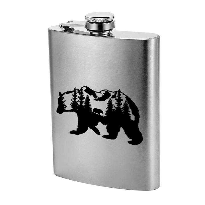 Botella portátil de acero inoxidable con diseño láser de Bear Mountains de 2 a 10 oz