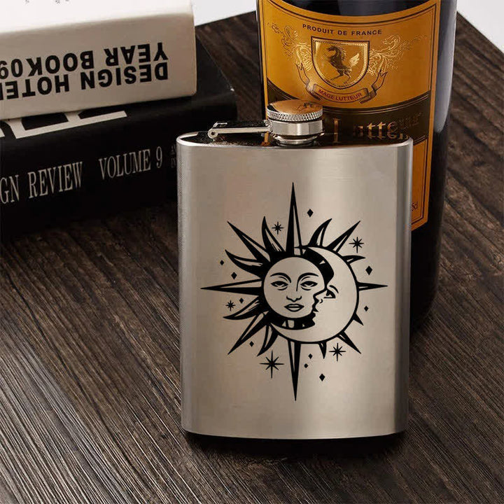 Botella portátil de acero inoxidable con diseño de láser de sol y luna de 2 a 10 oz