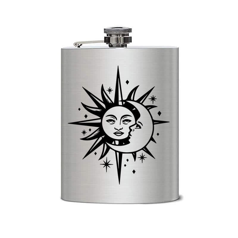 Botella portátil de acero inoxidable con diseño de láser de sol y luna de 2 a 10 oz