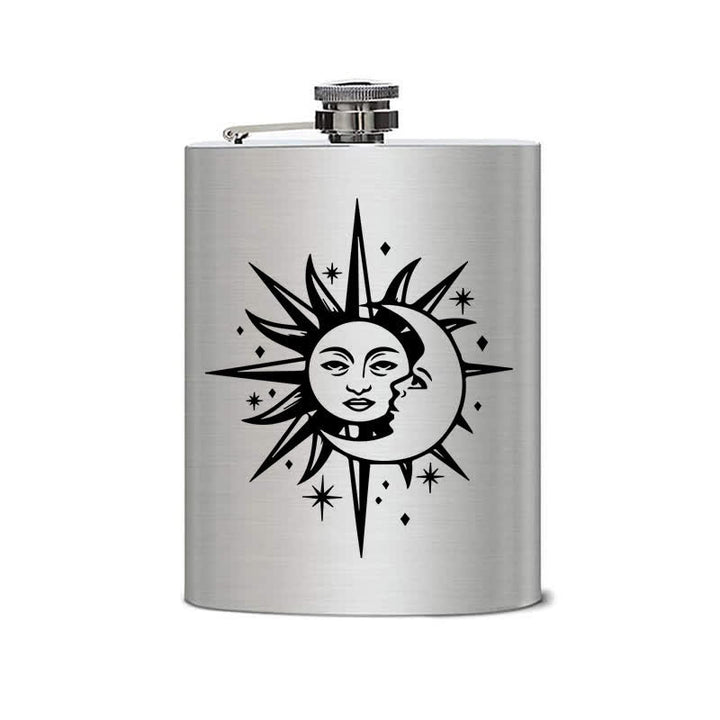 Botella portátil de acero inoxidable con diseño de láser de sol y luna de 2 a 10 oz