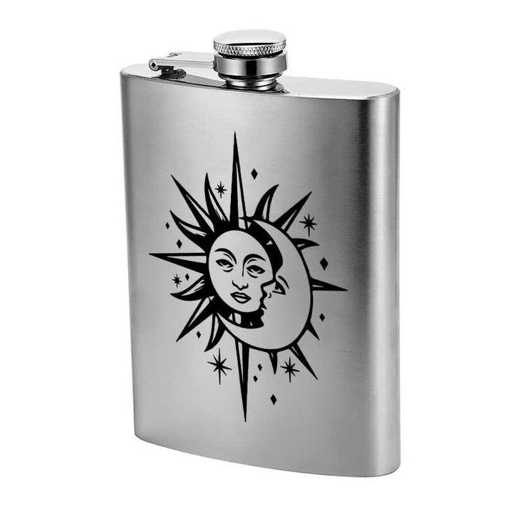 Botella portátil de acero inoxidable con diseño de láser de sol y luna de 2 a 10 oz