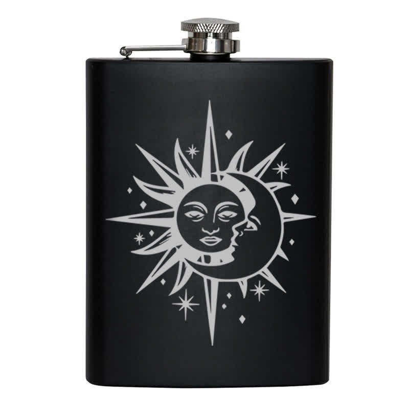 Botella portátil de acero inoxidable con diseño de láser de sol y luna de 2 a 10 oz