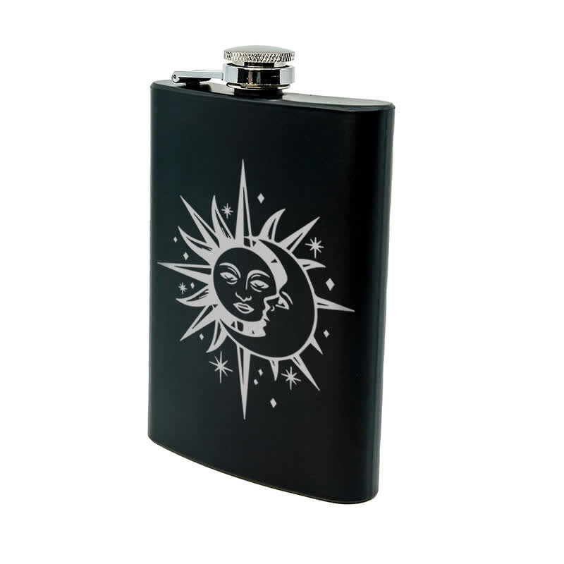 Botella portátil de acero inoxidable con diseño de láser de sol y luna de 2 a 10 oz