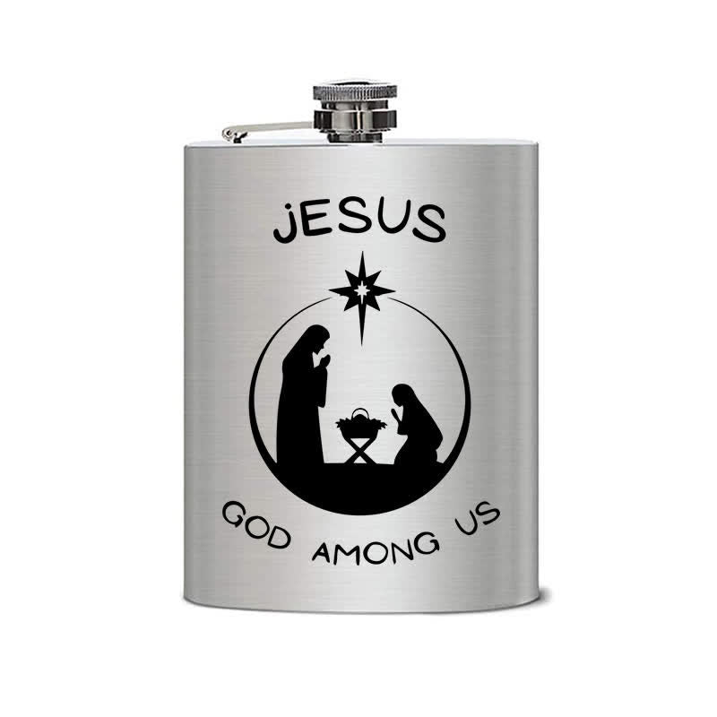 Botella portátil de acero inoxidable con diseño de escena de la Natividad y láser de 2 a 10 oz
