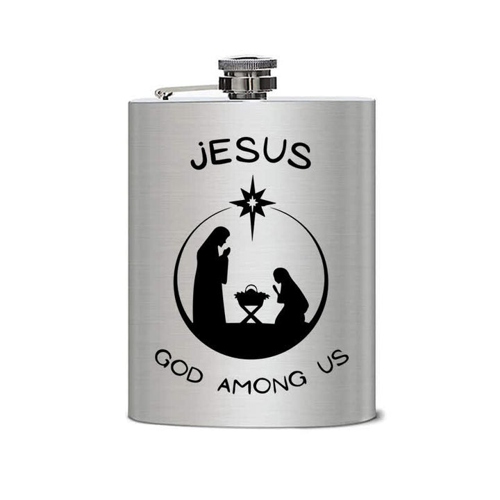 Botella portátil de acero inoxidable con diseño de escena de la Natividad y láser de 2 a 10 oz