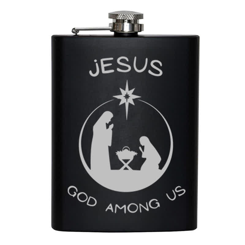 Botella portátil de acero inoxidable con diseño de escena de la Natividad y láser de 2 a 10 oz