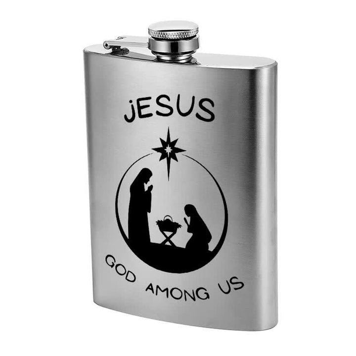 Botella portátil de acero inoxidable con diseño de escena de la Natividad y láser de 2 a 10 oz