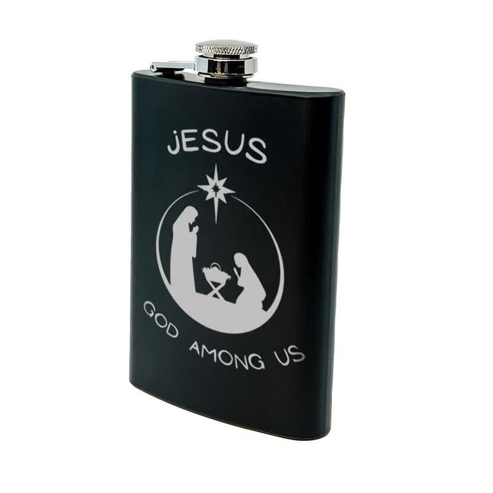 Botella portátil de acero inoxidable con diseño de escena de la Natividad y láser de 2 a 10 oz