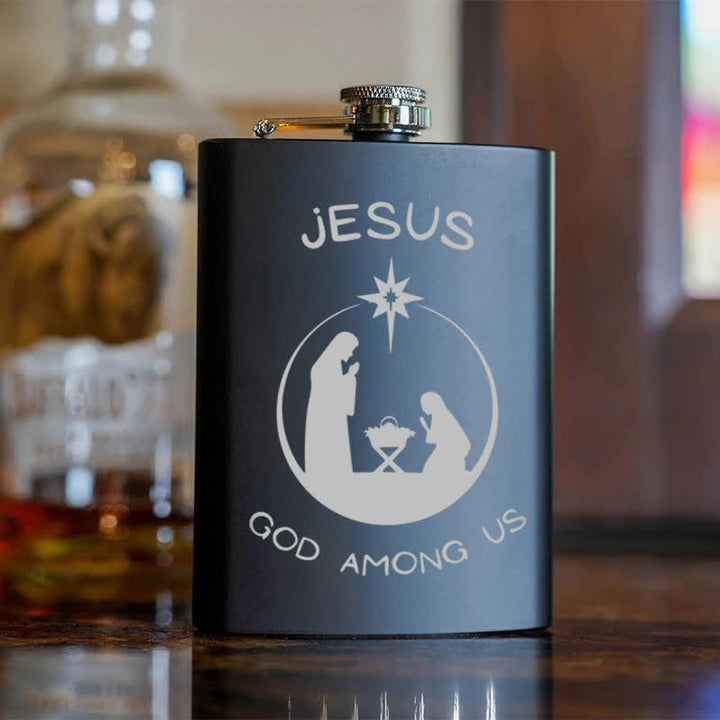 Botella portátil de acero inoxidable con diseño de escena de la Natividad y láser de 2 a 10 oz