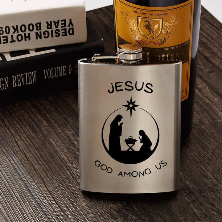 Botella portátil de acero inoxidable con diseño de escena de la Natividad y láser de 2 a 10 oz