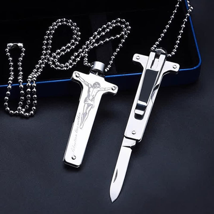Mini collar creativo con colgante de cruz de Jesús y cuchillo plegable - Jesús Santa Cruz - image 1