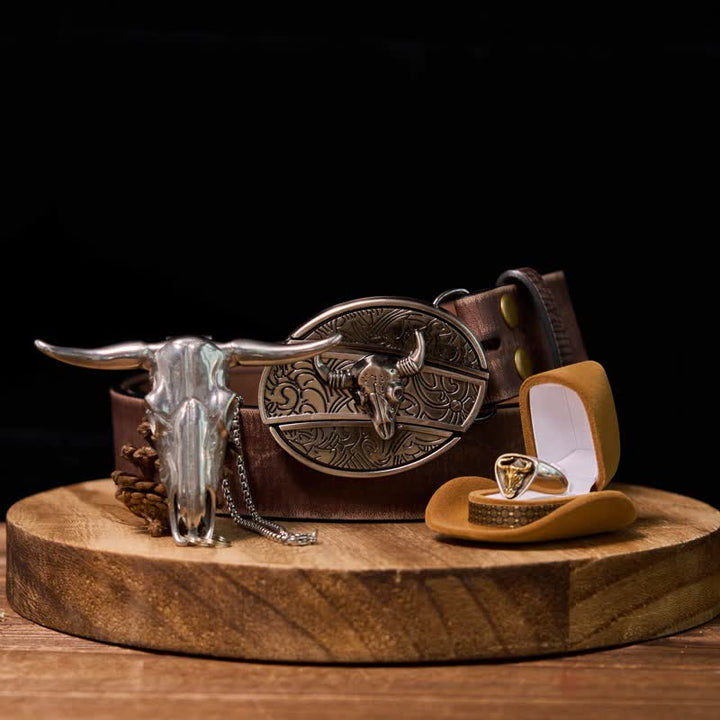 Conjunto de colgante y anillo con hebilla de cinturón con cuchillo oculto de toro Longhorn