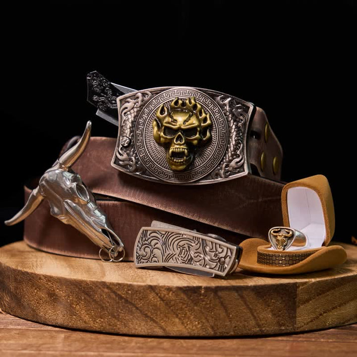 Conjunto de hebilla de cinturón con colgante de cuerno largo y anillo de toro con forma de calavera y cuchillo oculto