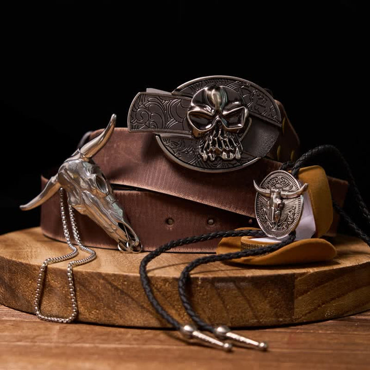 Conjunto de hebilla de cinturón con cuchillo oculto y colgante de cuerno largo con calavera y corbata de bolo de vaca