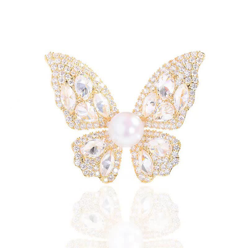 Broche de mariposa con perlas y circonitas brillantes para mujer