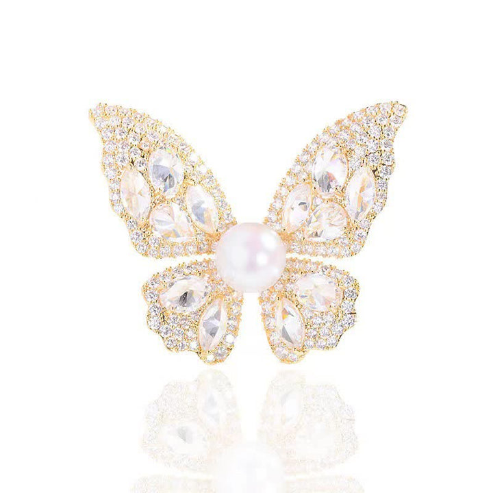 Broche de mariposa con perlas y circonitas brillantes para mujer