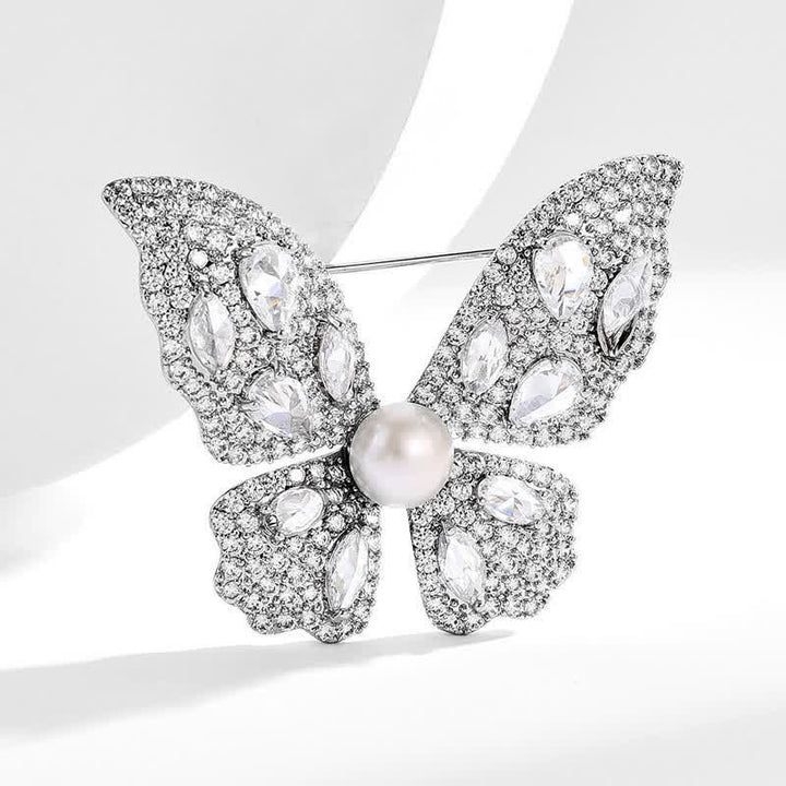 Broche de mariposa con perlas y circonitas brillantes para mujer