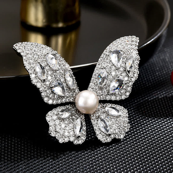 Broche de mariposa con perlas y circonitas brillantes para mujer