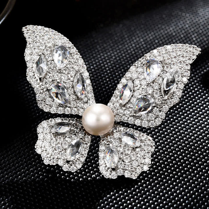 Broche de mariposa con perlas y circonitas brillantes para mujer