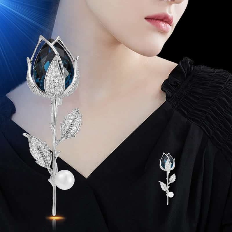 Broche elegante de tulipán azul con cristales creados para mujer