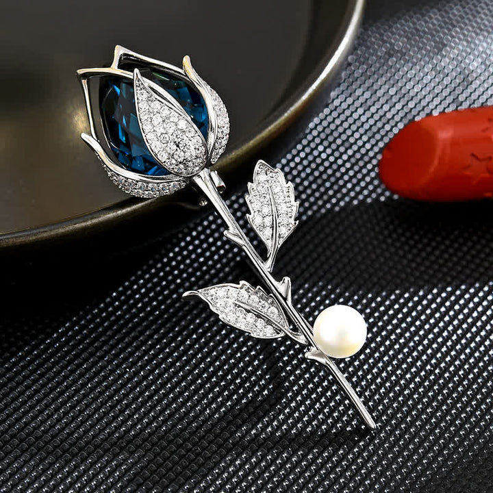 Broche elegante de tulipán azul con cristales creados para mujer