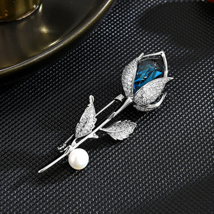 Broche elegante de tulipán azul con cristales creados para mujer