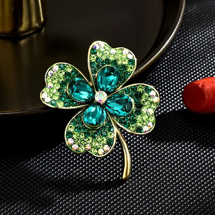 Broche de trébol de cuatro hojas de la suerte verde para mujer