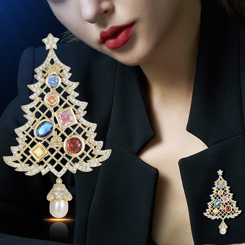 Broche de árbol de Navidad multicolor con circonita cúbica para mujer