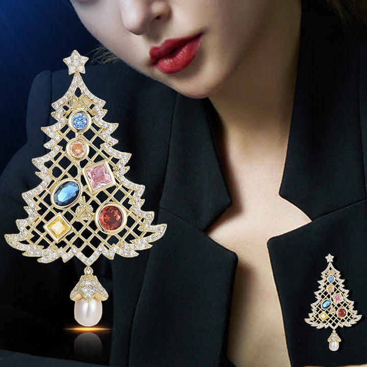 Broche de árbol de Navidad multicolor con circonita cúbica para mujer