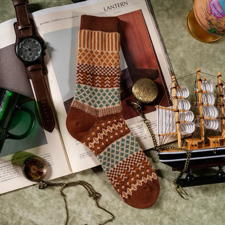 Calcetines de algodón con diseño étnico de diamantes retro