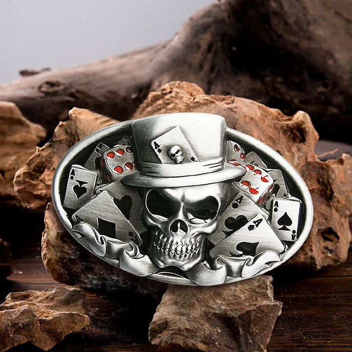 Cinturón de cuero con hebilla ovalada para hombre, hecho a mano, con diseño de calavera y dados de póquer
