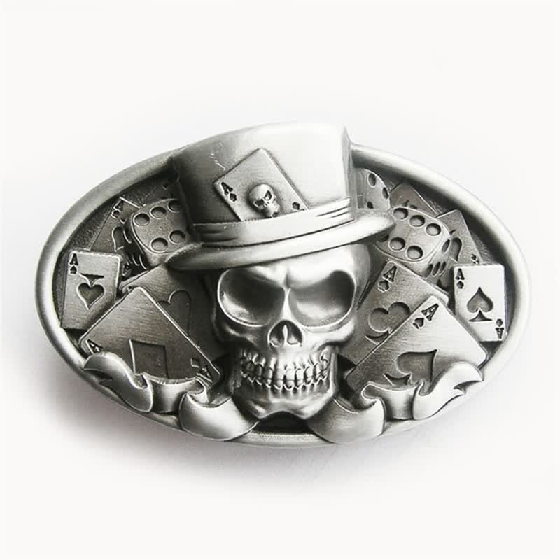 Cinturón de cuero con hebilla ovalada para hombre, hecho a mano, con diseño de calavera y dados de póquer