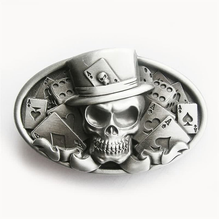 Cinturón de cuero con hebilla ovalada para hombre, hecho a mano, con diseño de calavera y dados de póquer