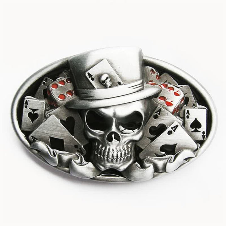 Cinturón de cuero con hebilla ovalada para hombre, hecho a mano, con diseño de calavera y dados de póquer