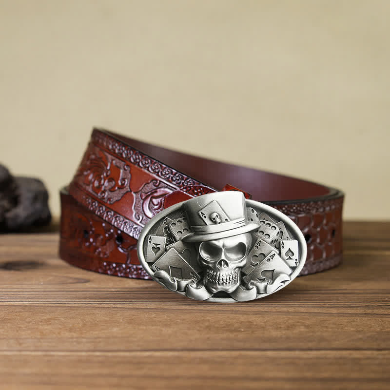 Cinturón de cuero con hebilla ovalada para hombre, hecho a mano, con diseño de calavera y dados de póquer