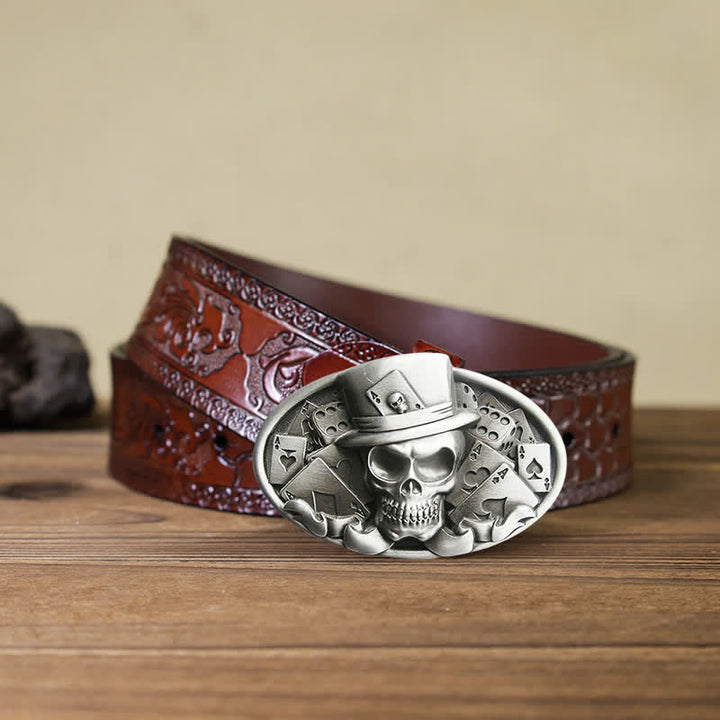 Cinturón de cuero con hebilla ovalada para hombre, hecho a mano, con diseño de calavera y dados de póquer