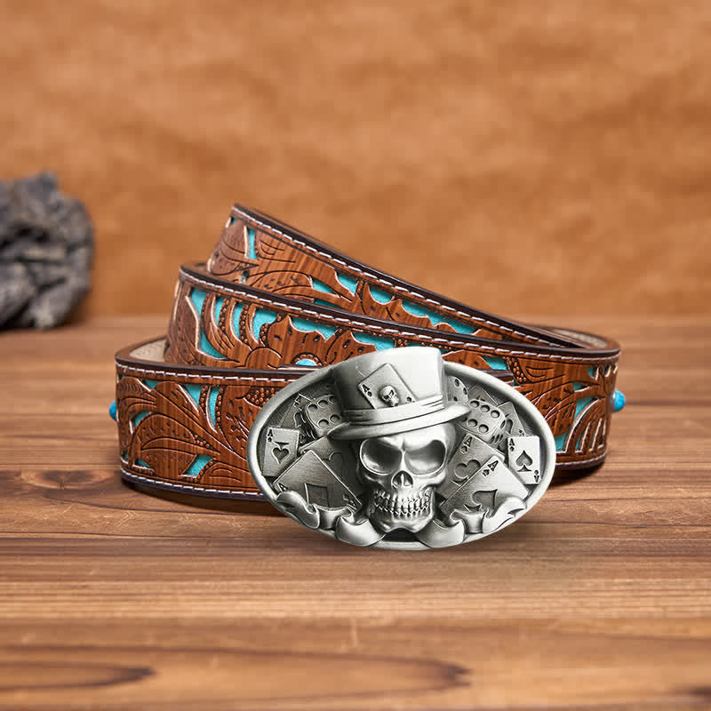 Cinturón de cuero con hebilla ovalada para hombre, hecho a mano, con diseño de calavera y dados de póquer